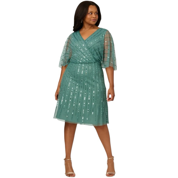 Adrianna Papell Dresses & Skirts - ADRIANNA PAPELL STUDIO Sequin Beaded Flutter Sleeve Cocktail Dress Green Size 20